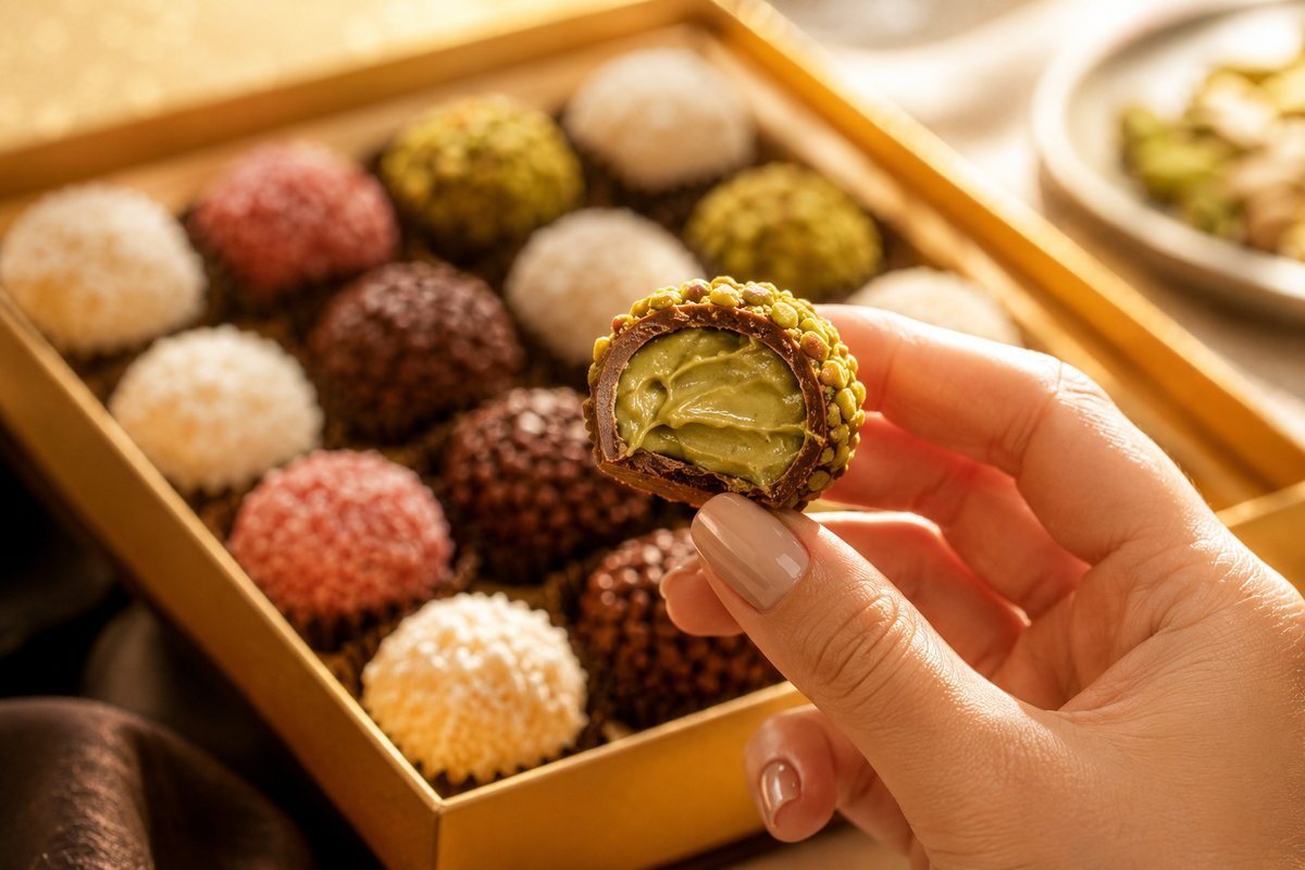 Caixa de brigadeiros gourmet variados com um de pistache cortado ao meio